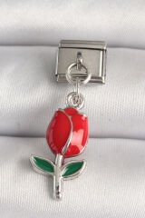 316L Çelik Gümüş Renk Kırmızı Gül Model Nomination Charm