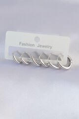 Pirinç Gümüş Renk Oval Küpe Seti