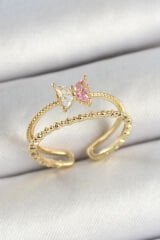 Pirinç Kelebek Figürlü Zirkon Taşlı Gold Renk Ayarlanabilir Kadın Yüzük