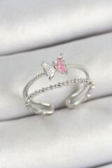 Pirinç Kelebek Figürlü Zirkon Taşlı Gümüş Renk Ayarlanabilir Kadın Yüzük