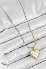 316L Çelik Zincir Beyaz Sanatsal Portre İnci Detaylı Papatya Figürlü Kalp Model Gold Renk Kadın Kolye