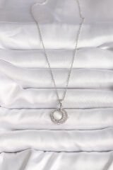 316L Çelik Gümüş Renk Zirkon Taşlı Beyaz Sedefli Hilal Model Kadın Kolye