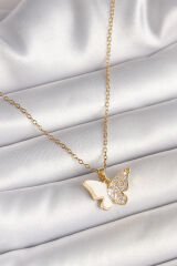 316L Çelik Gold Renk Zincir Zirkon Taşlı Beyaz Mineli Kelebek Model Kadın Kolye