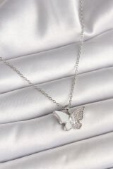 316L Çelik Gümüş Renk Zincir Zirkon Taşlı Beyaz Mineli Kelebek Model Kadın Kolye