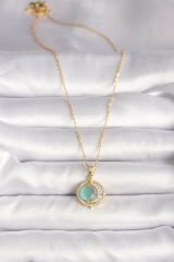 316L Çelik Gold Renk Zirkon Taşlı Yeşil Sedefli Hilal Model Kadın Kolye