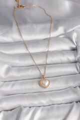 316L Çelik Gold Renk Zincir 3D İnci Kalp Model Kadın Kolye