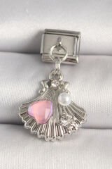 316L Çelik Gümüş Renk Zirkon Taşlı Pembe Mineli Kalp Detay Nomination Charm