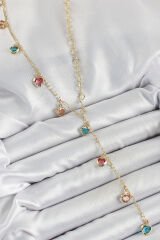 Pirinç Asorti Kalp Model Gold Renk Zirkon Taşlı Y Kolye