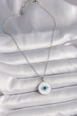 316L Çelik Gümüş Renk Zincir Beyaz Mineli Turkuaz Göz İşleme Model Kadın Kolye
