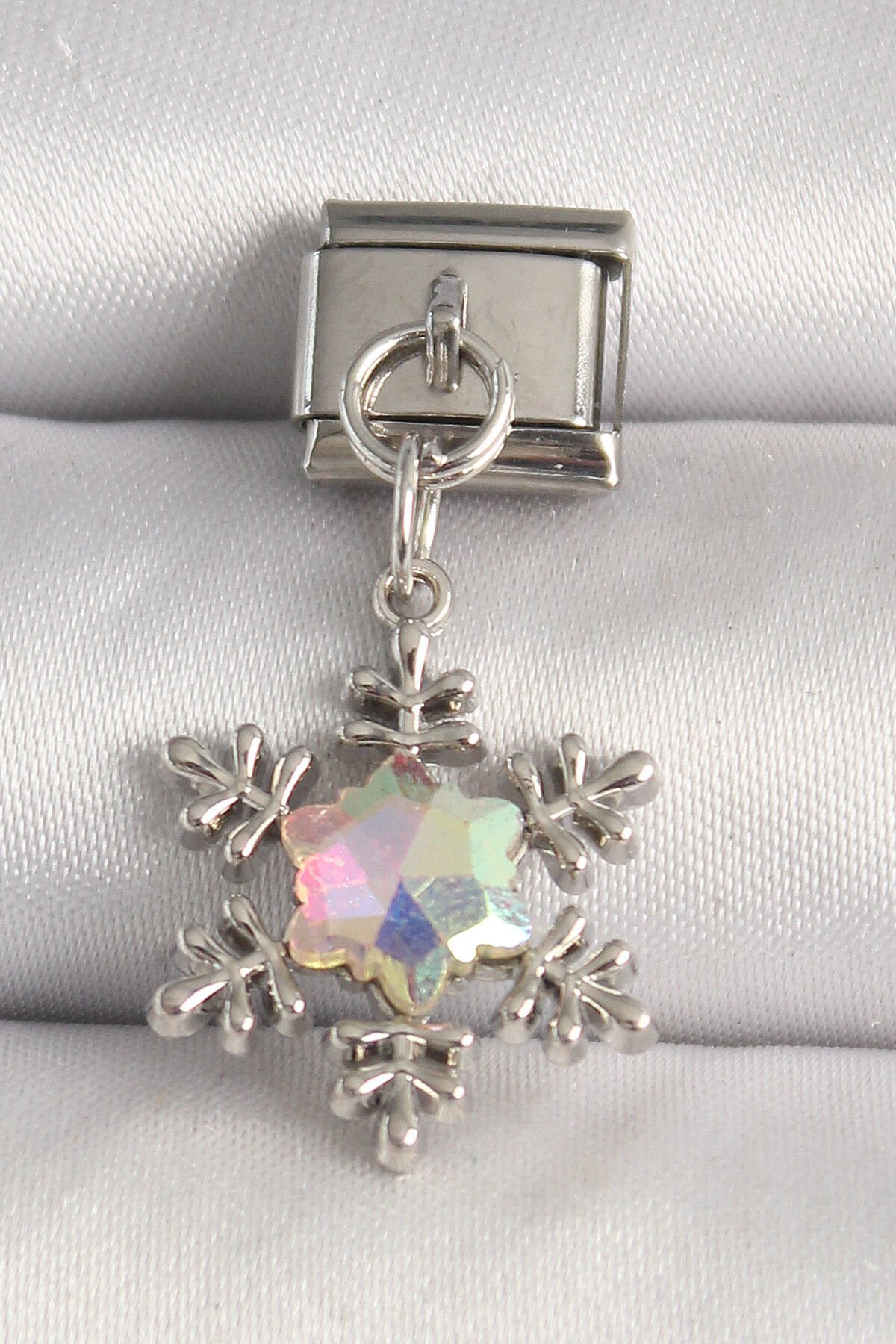 316L Çelik Gümüş Renk Hologram Mineli Kar Tanesi Model Nomination Charm