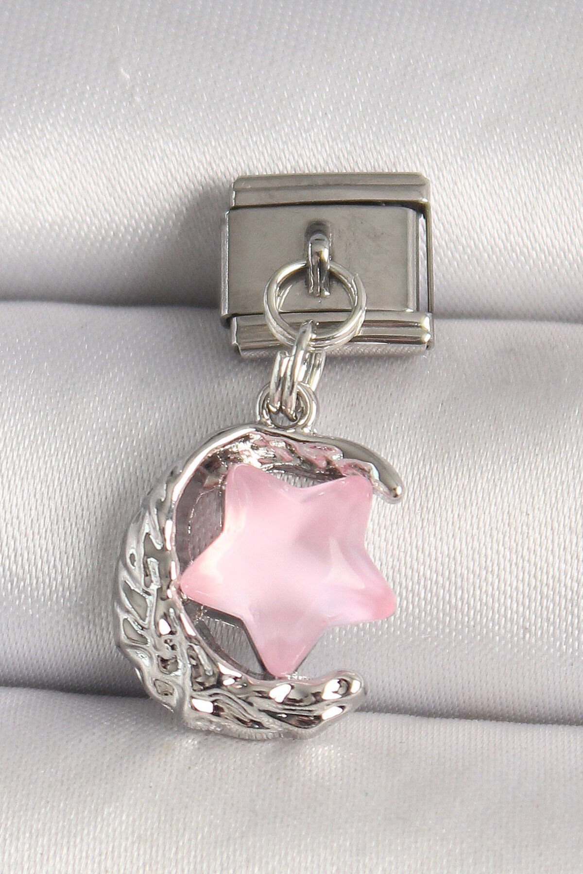 316L Çelik Gümüş Renk Hilal Pembe Mineli Yıldız Model Nomination Charm