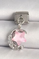 316L Çelik Gümüş Renk Hilal Pembe Mineli Yıldız Model Nomination Charm