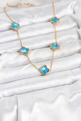 316L Çelik Zincir Gold Buz Mavisi Renk Yonca Kolye