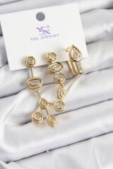 Pirinç Zİrkon Taşlı Geometrik Model Gold Renk 3'lü Kadın Küpe