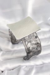 Siyah Mermer Desen Akrilik Plastik Gümüş Kare Plaka Model Vintage Kadın Bilezik