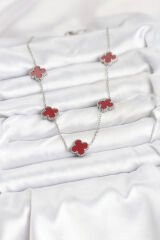 316L Çelik Zincir Gümüş Renk Bordo Renk Yonca Kadın Kolye