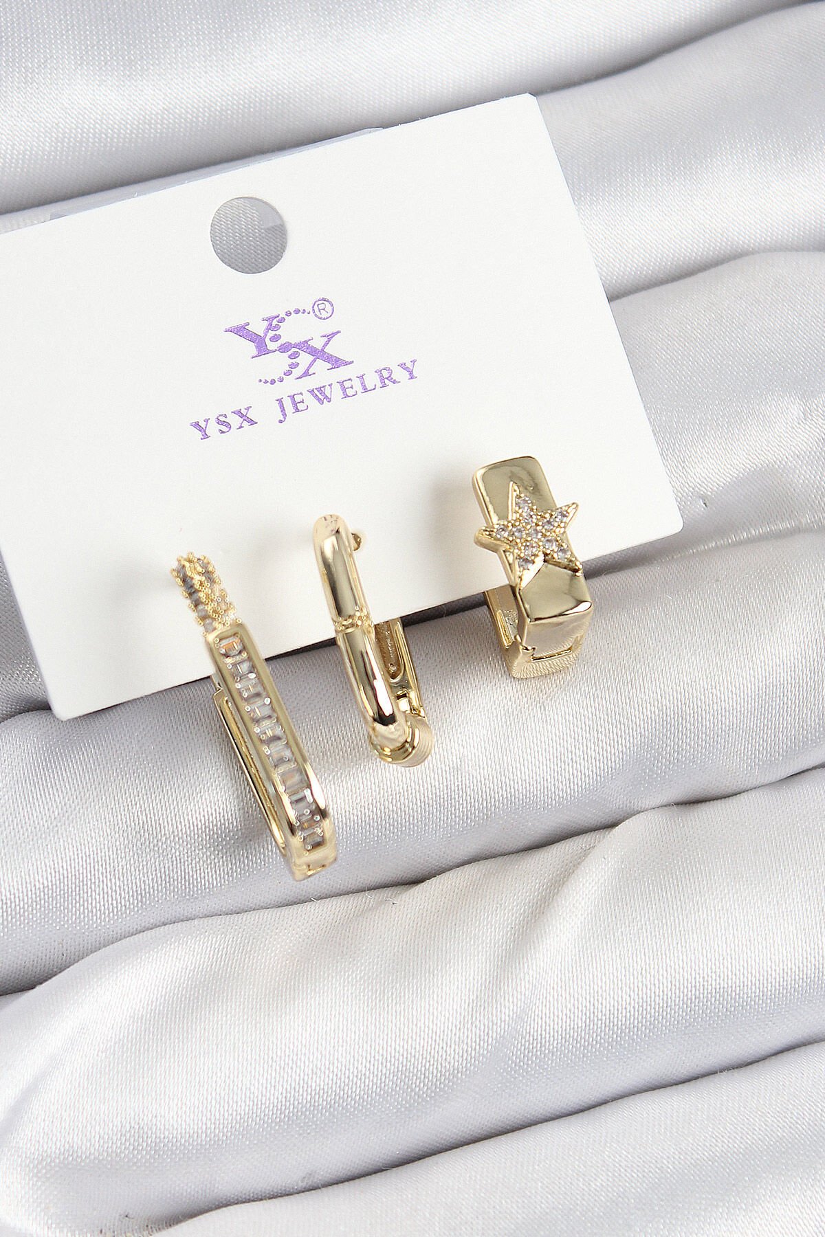 Pirinç Zİrkon Taşlı Yıldız Model Gold Renk 3'lü Kadın Küpe