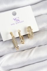 Pirinç Zİrkon Taşlı Yıldız Model Gold Renk 3'lü Kadın Küpe