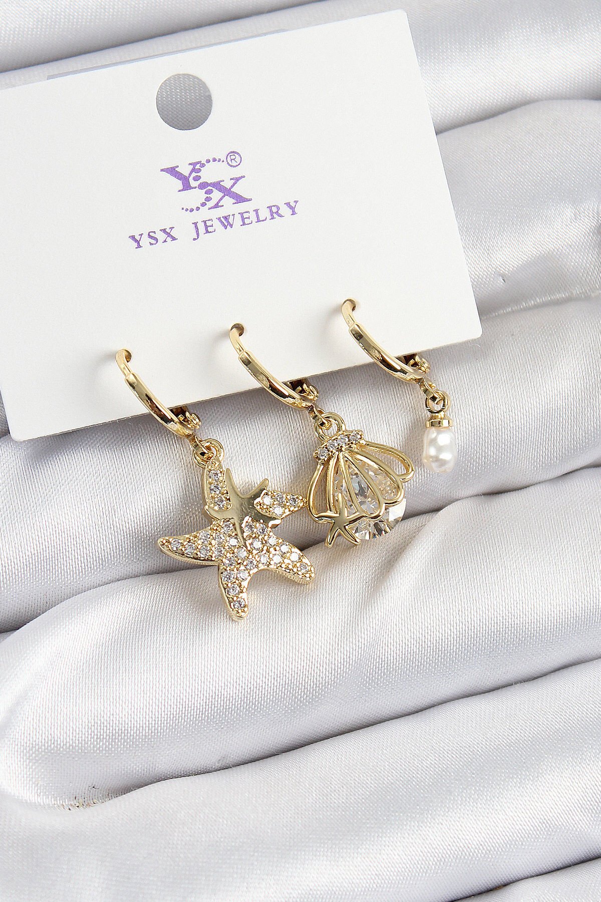 Pirinç Zİrkon Taşlı Deniz Yıldızı Ve İstiridye Model Gold Renk 3'lü Kadın Küpe