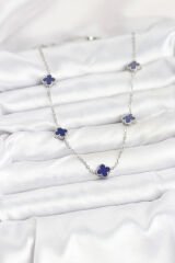 316L Çelik Zincir Gümüş Renk Lacivert Baby Boy Yonca Kadın Kolye