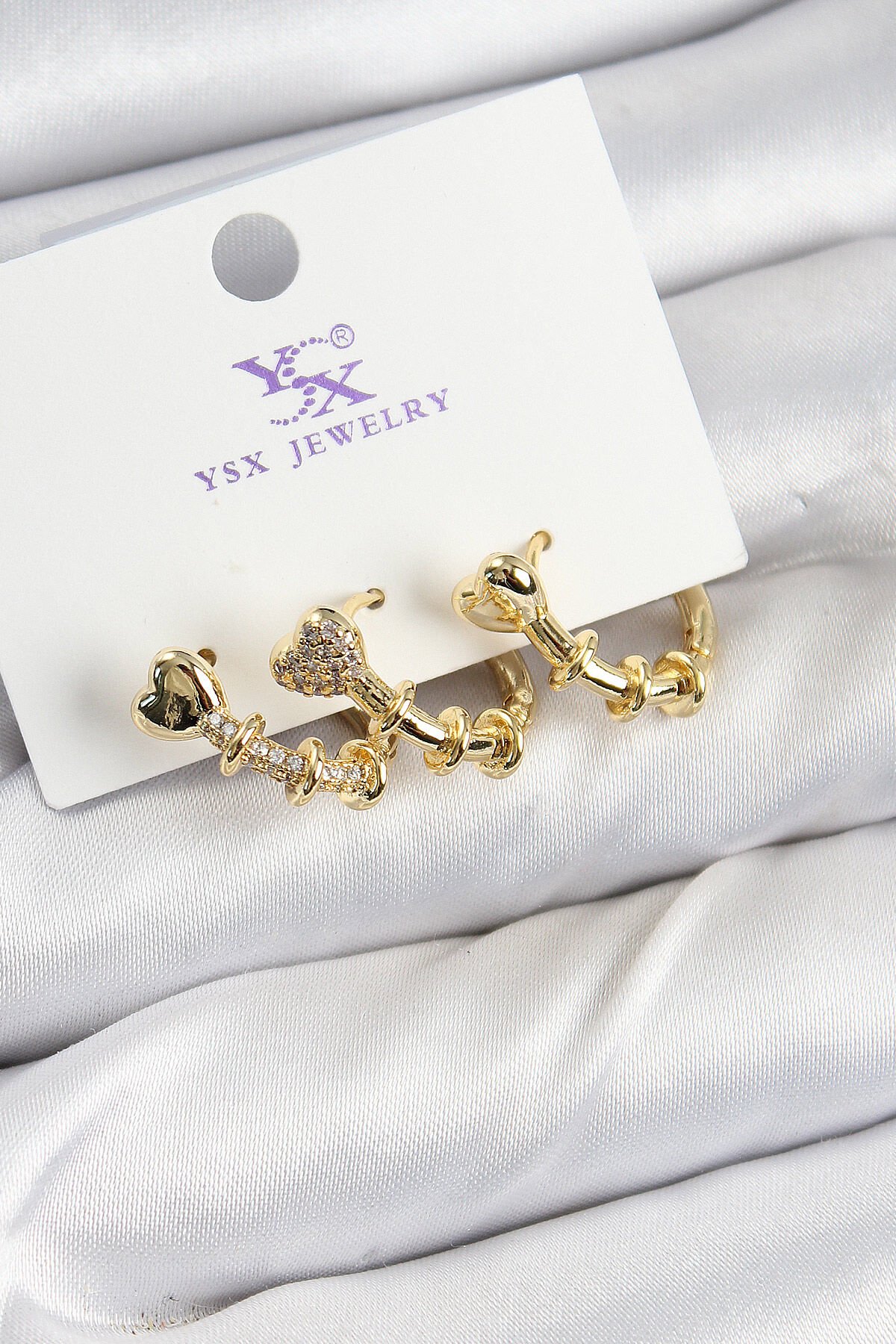 Pirinç Zİrkon Taşlı Kalp Model Gold Renk 3'lü Kadın Küpe