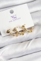 Pirinç Zİrkon Taşlı Kalp Model Gold Renk 3'lü Kadın Küpe