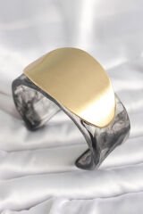 Siyah Mermer Desen Akrilik Plastik Gold Oval Plaka Model Vintage Kadın Bilezik