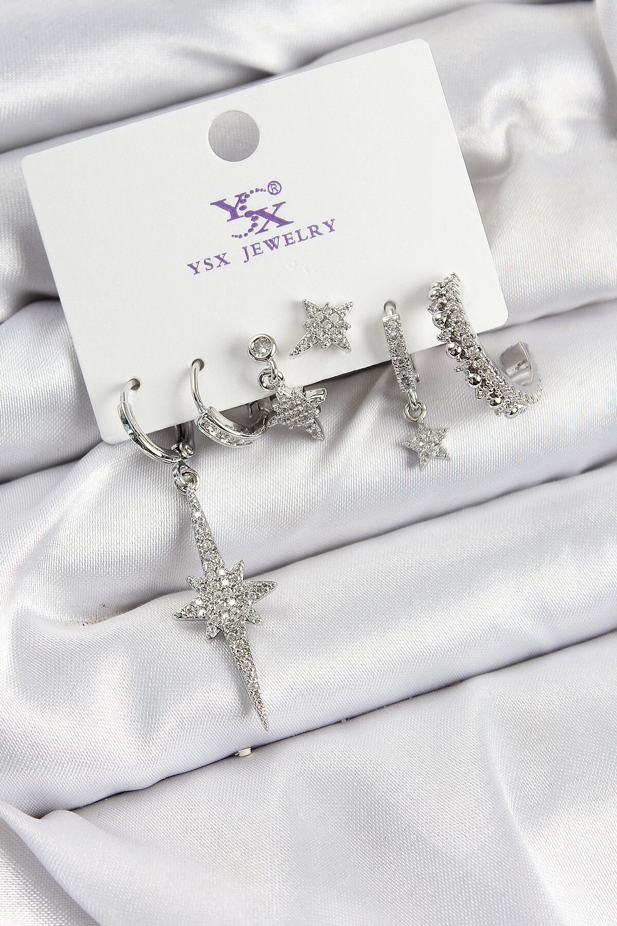 Pirinç Zİrkon Taşlı Kutup Yıldızı Model Gümüş Renk 3'lü Çift Kadın Küpe