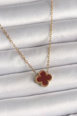 316L Çelik Gold Renk Bordo Yonca Model Kadın Kolye