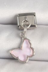 316L Çelik Gümüş Renk Pembe Kelebek Model Nomination Charm