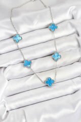 316L Çelik Zincir Gümüş Buz Mavisi Renk Yonca Kadın Kolye