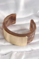 Kahverengi Mermer Desen Akrilik Platik Gold Dikdörtgen Plaka Model Vintage Kadın Bilezik