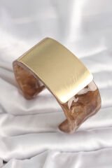 Kahverengi Mermer Desen Akrilik Platik Gold Dikdörtgen Plaka Model Vintage Kadın Bilezik