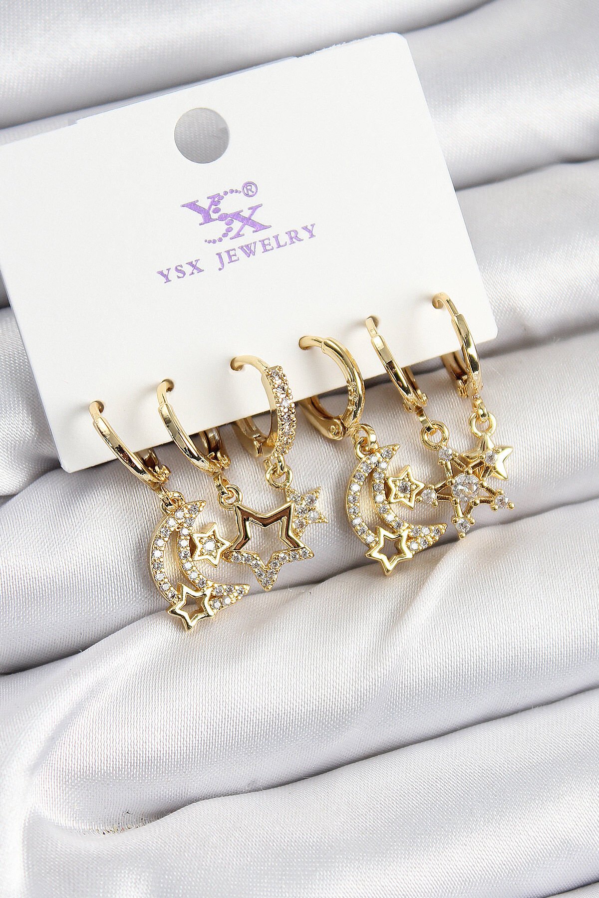 Pirinç Zİrkon Taşlı Ay ve Yıldız Model Gold Renk 3'lü Çift Kadın Küpe