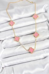 316L Çelik Zincir Gold Pembe Renk Yonca Kadın Kolye