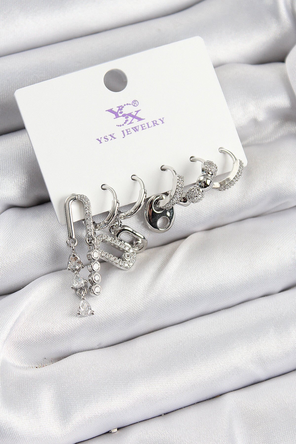 Pirinç Zİrkon Taşlı Dikdörtgen Model Gümüş Renk 3'lü Çift Kadın Küpe