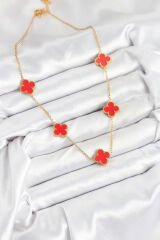 316L Çelik Zincir Gold Kırmızı Renk Yonca Kadın Kolye