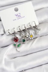 Pirinç Zİrkon Taşlı Gül Ve Papatya Model Gümüş Renk 3'lü Çift Kadın Küpe