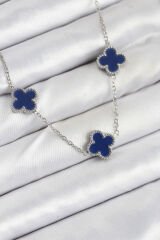 316L Çelik Zincir Gümüş Lacivert Renk Yonca Kadın Kolye