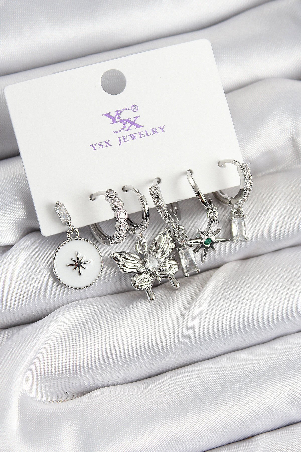 Pirinç Zİrkon Taşlı Kelebek ve Yıldız Model Gümüş Renk 3'lü Çift Kadın Küpe