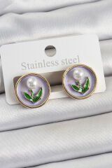 Pirinç Mor Mineli Lale Figürlü Sanatsal Portre Model Gold Renk Kadın Küpe