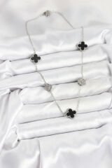 316L Çelik Zincir Gümüş Renk Siyah ve Zirkon Taşlı Yonca Kadın Kolye