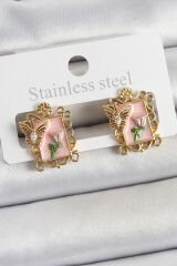 Pirinç Pembe Mineli Sanatsal Portre Model Gold Renk Kadın Küpe