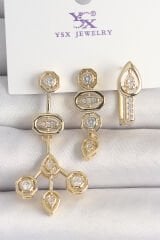 Pirinç Gold Renk Zirkon Taşlı Geometrik Model 3'Lü Kadın Kombin Küpe