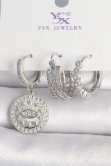 Pirinç Gümüş Renk Zirkon Taşlı Göz İşlemeli Halka Model 3'Lü Kadın Kombin Küpe