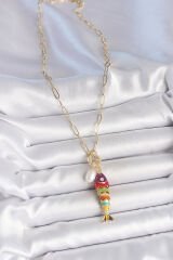 İnci Detaylı Zirkon Taşlı Rainbow Balık Figürlü Gold Renk Pirinç Kolye