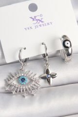 Pirinç Gümüş Renk Zirkon Taşlı Göz Model Nazar Boncuk Detay 3'Lü Kadın Kombin Küpe