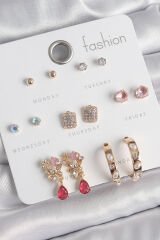 Pirinç Gold Renk Zirkon Taşlı Çiçek Figür İncili Halka Figür 7 Çift Kadın Küpe Seti