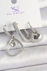 Pirinç Gümüş Renk Sallantı Zirkon Taşlı Kalp Model 3'Lü Kadın Kombin Küpe