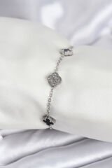 316L Çelik Gümüş Renk Siyah ve Zirkon Taşlı Baby Boy Yonca Kadın Bileklik